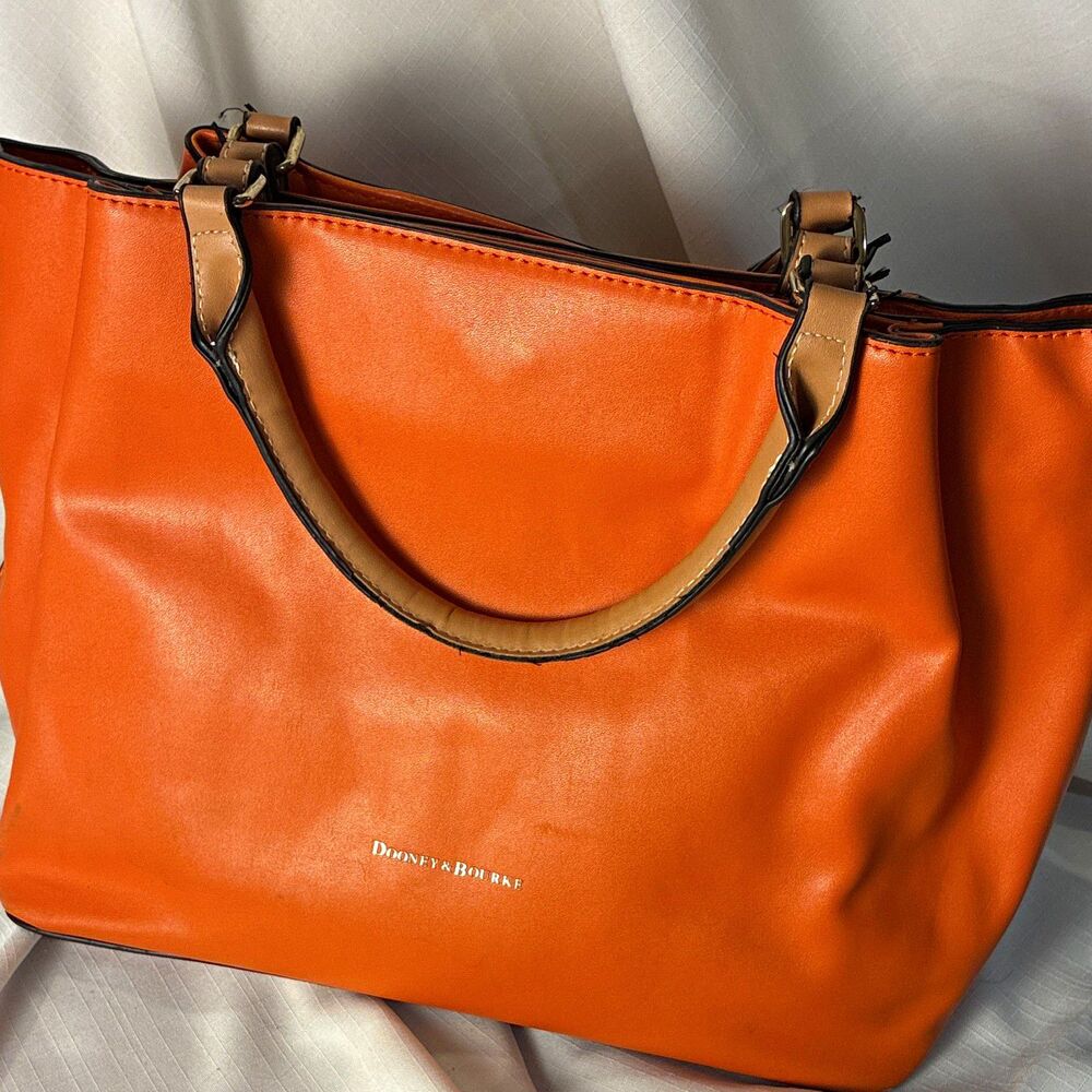 Dooney & Bourke Orange Leather Tote Handbag Tan Double Handles Gold Hardware